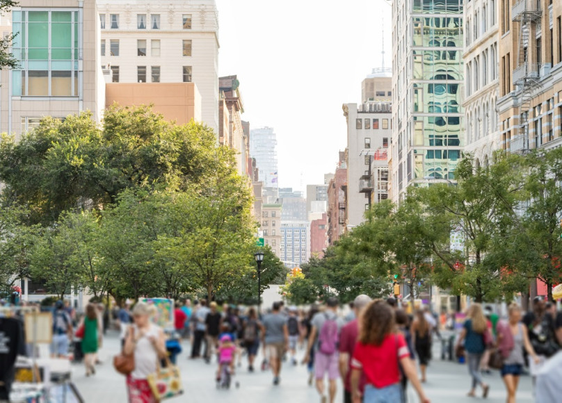 Busy city sidewalk