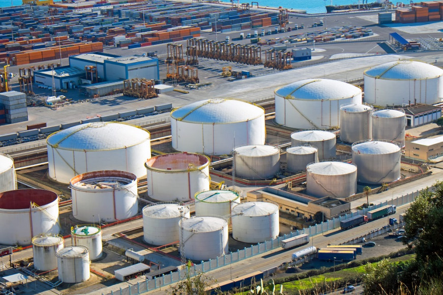 Aerial view of aboveground storage tanks