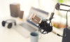 Podcast recording set up with microphone