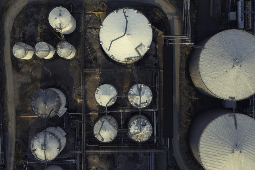 Looking down on oil storage tanks
